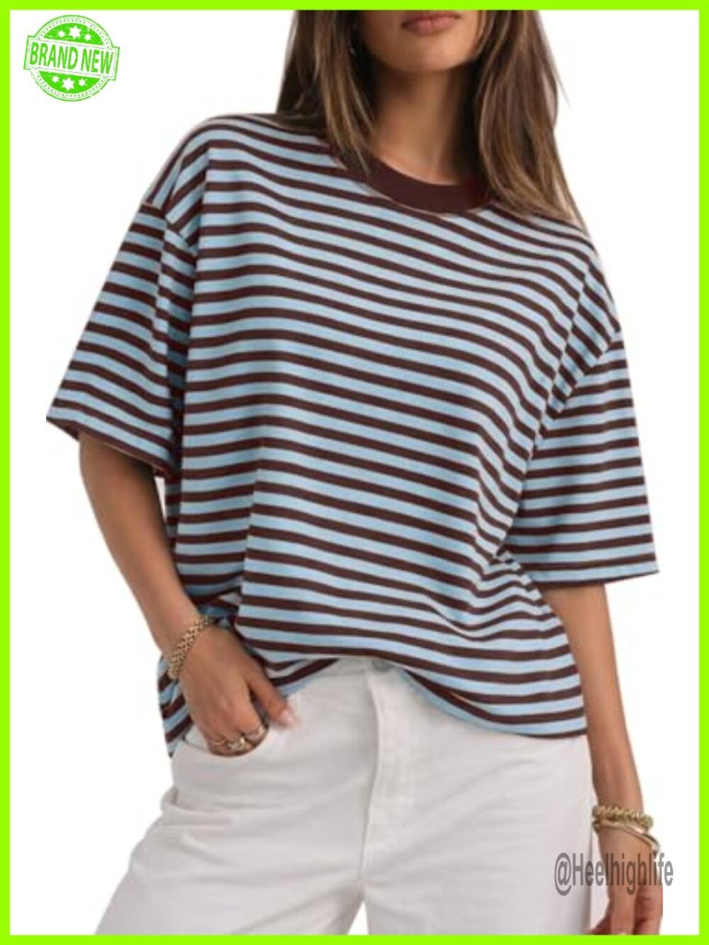 Women's Oversized Striped Short Sleeve Crewneck T-Shirt)